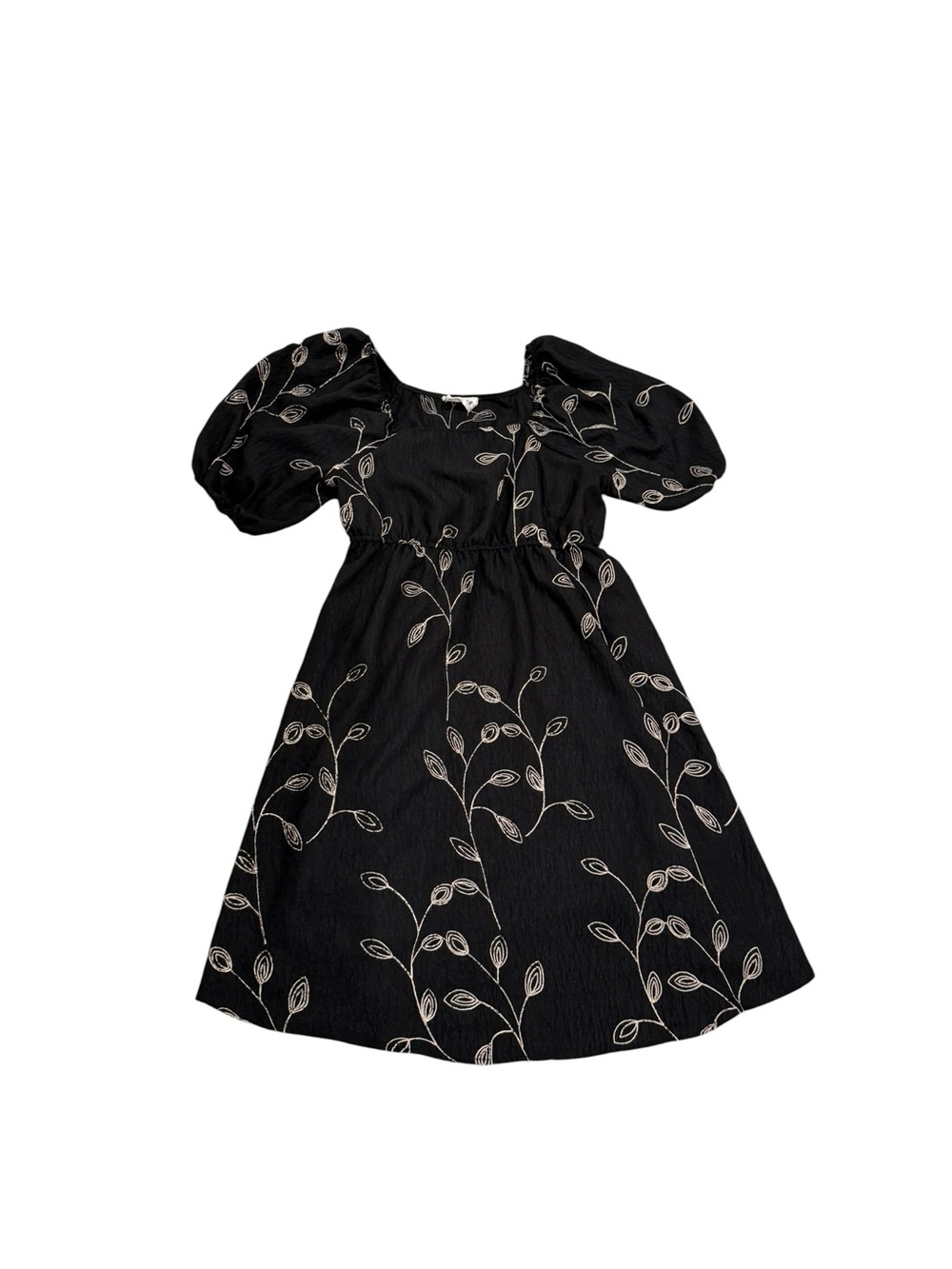 Black Puff Sleeve Midi Dress with Leaf Embroidery